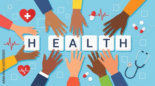 Diverse hands reaching for HEALTH blocks with medical icons