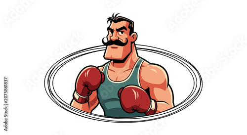Vintage Boxer with Moustache and Red Gloves, Retro Sports Illustration
