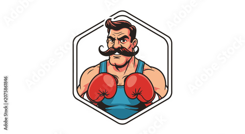 Vintage Boxer with Moustache and Red Gloves, Retro Sports Emblem