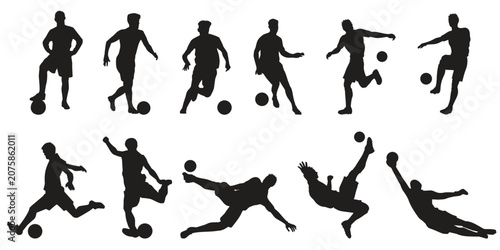 Vector set of eleven soccer player silhouettes showcasing dynamic actions like dribbling, kicking, passing, and diving saves isolated on white.