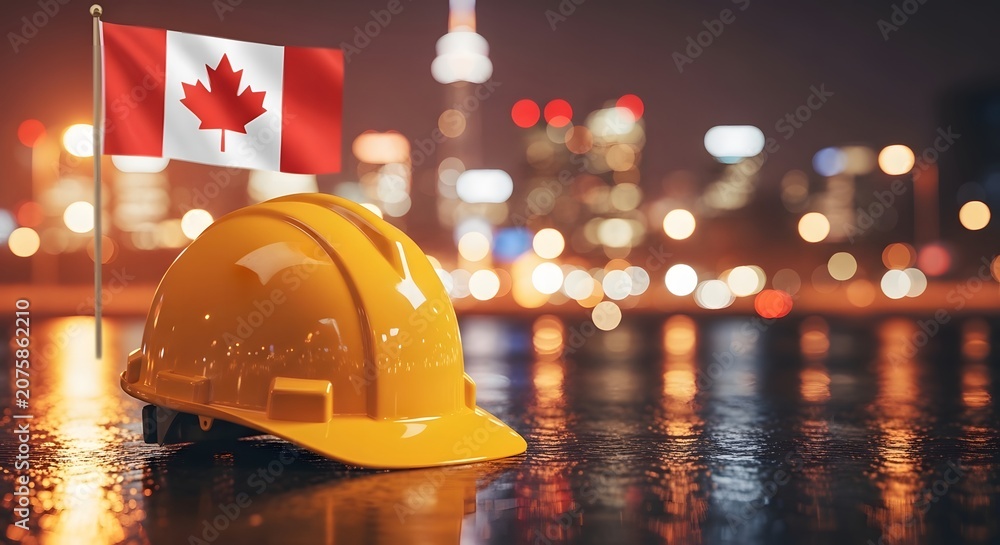 Obraz premium Happy labor day canadian construction worker safety with city skyline