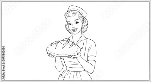 Retro Baker Woman Holding Freshly Baked Loaf of Bread, Vintage Style