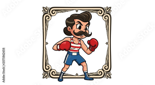 Retro Boxer Character with Moustache and Red Gloves, Vintage Boxing Sport Illustration