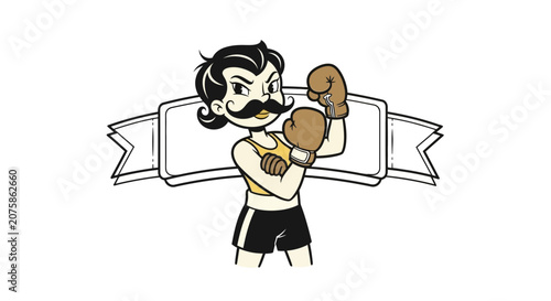 Retro Boxer Man with Moustache and Boxing Gloves, Vintage Style, Ready to Fight