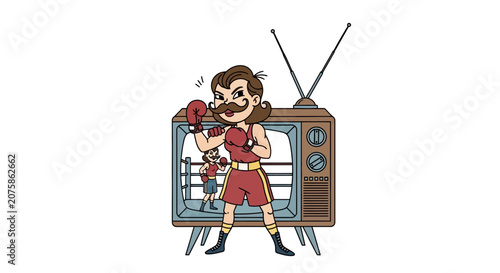 Retro Boxer Appears From Vintage TV Screen, Boxing Match Concept