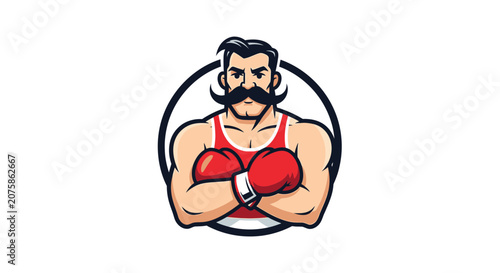 Retro Boxer Character with Big Mustache and Boxing Gloves, Vintage Sports Logo