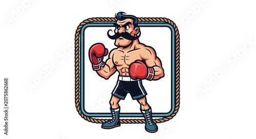 Retro Boxer Man with Moustache and Red Gloves in Ring Frame