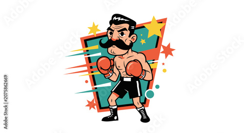 Retro Boxer Man with Moustache and Boxing Gloves Ready to Fight