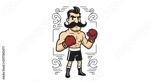 Retro Boxer Man with Moustache and Boxing Gloves, Vintage Fighter Illustration