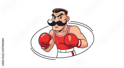 Retro Boxer Man with Moustache Ready to Fight, Vintage Boxing Illustration