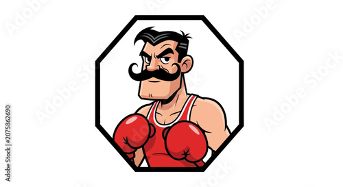 Retro Boxer with Big Mustache and Red Gloves in Octagon Frame