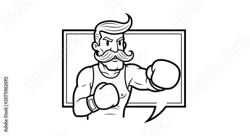 Retro Boxer Man with Moustache Punching, Vintage Boxing Sport Illustration