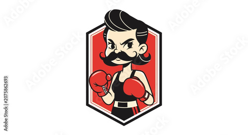 Retro Boxer Man with Mustache and Boxing Gloves, Vintage Style Fighter Emblem