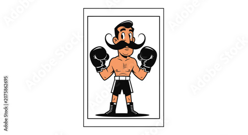 Retro Boxer with Large Moustache and Boxing Gloves, Vintage Sports Illustration