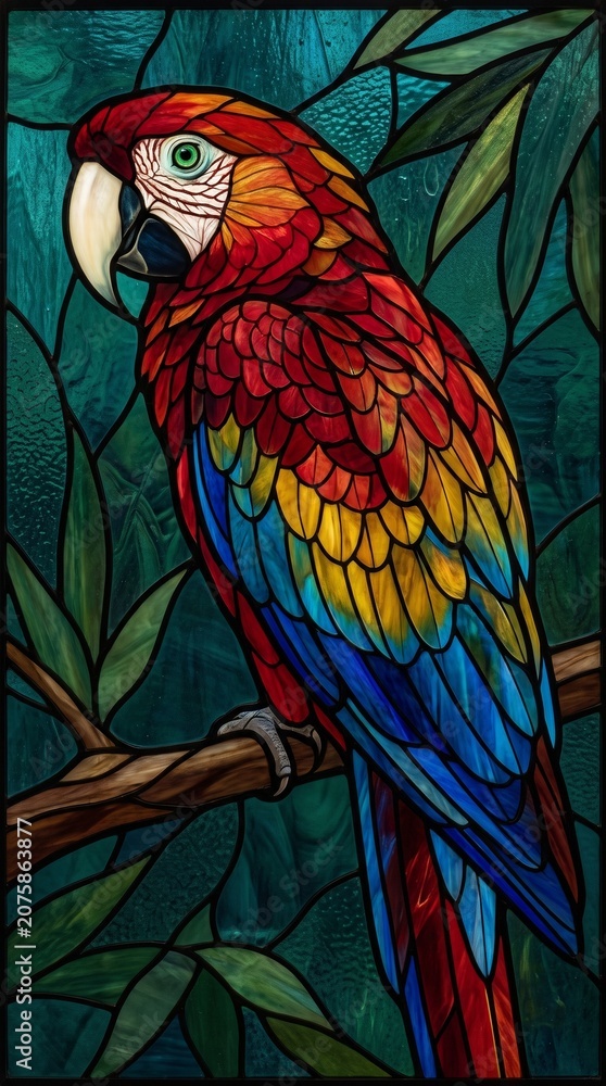 Fototapeta premium Beautiful stained glass window artwork depicting a vibrant colorful scarlet macaw parrot in nature setting
