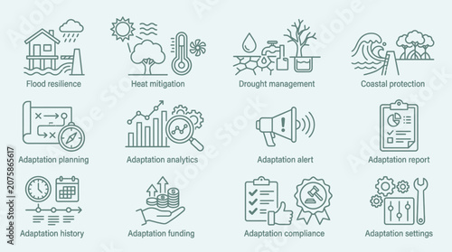 A set of 12 line-style icons related to climate change adaptation, including flood resilience, heat mitigation, drought management, and capital protection, with various elements such as buil