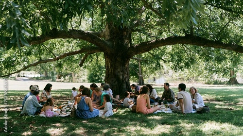 A multi gene nal group is enjoying a relaxing picnic under a shady tree in nature