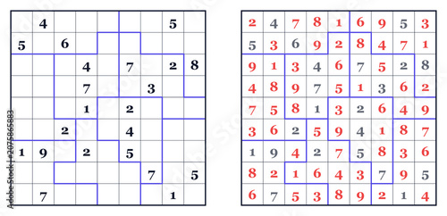 Printable expert level jigsaw sudoku puzzle with solution on white background for learning, entertainment, school resources and print projects