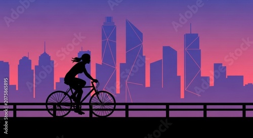 Silhouette of a woman riding a bicycle on a city bridge during a beautiful purple sunset with modern skyscrapers in the background