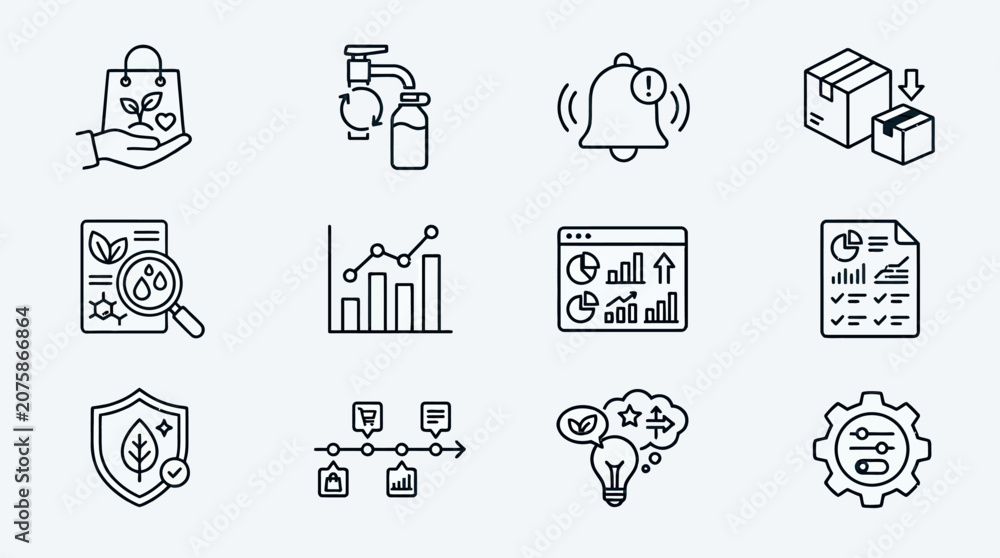 Fototapeta premium A set of modern black line icons depicting various business and technology concepts, including security, communication, and data analysis.