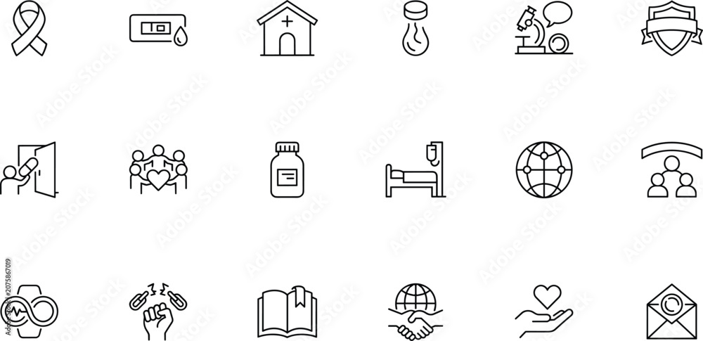 Fototapeta premium Medical Health Icon Set with Ribbon, House, Globe, Bed and Book Vector Illustration for Healthcare Design