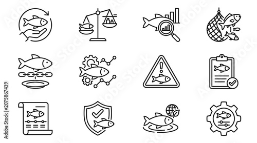 Black and white line icons depicting various concepts related to genetically modified seafood, biohazard warnings, and quality control measures for fish products, in a minimalist artistic st