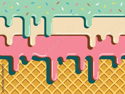 Melting Ice Cream Layers with Sprinkles on Waffle Pattern Background Vector Illustration