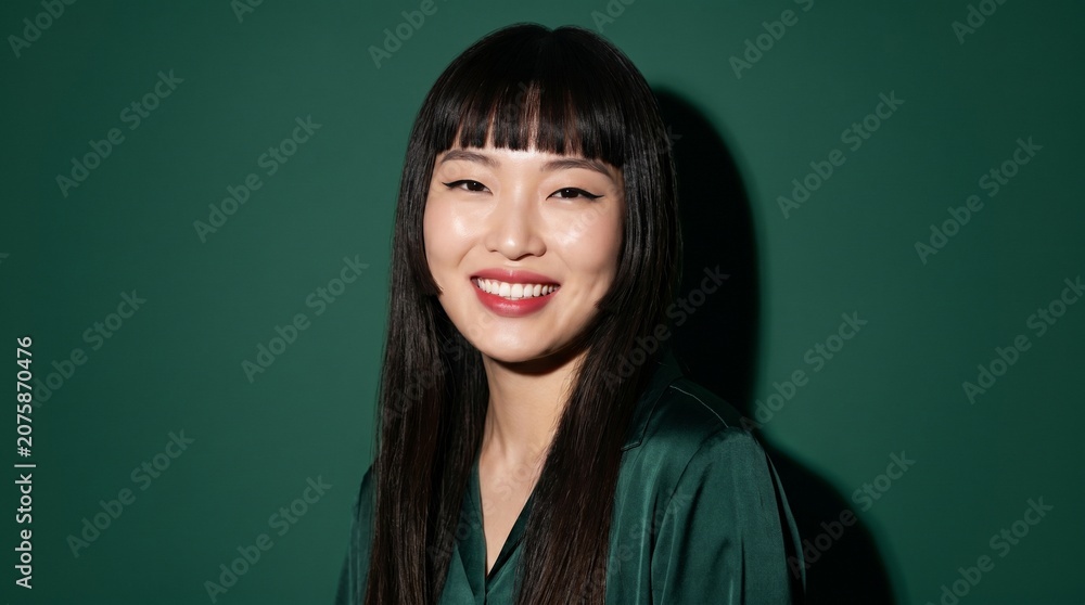 Fototapeta premium Elegant Young Asian Woman With Long Dark Hair Smiling Against A Deep Green Background