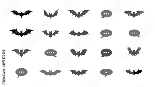 Vector Set of Flying Bat Silhouettes and Speech Bubble Icons for Halloween, Communication, and Graphic Design
