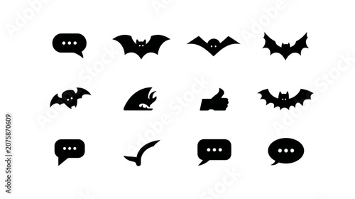 Spooky Bat and Communication Icons Set. Black Silhouettes for Halloween, Social Media, Messaging, and Graphic Design.