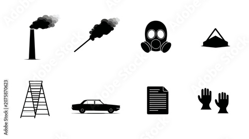 Collection of diverse vector icons: industrial pollution, safety gear, transport, and work tools silhouettes.