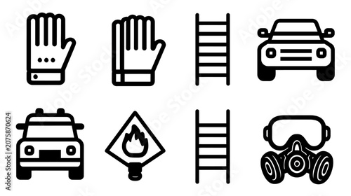 Collection of linear safety, work, and emergency icons. Includes protective gloves, ladders, vehicles, fire warning sign, and gas mask.
