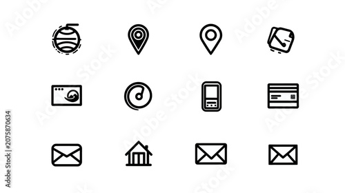 Modern set of minimalist black line icons for web, mobile, business, communication, finance, and location services