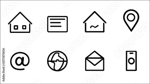 Set of black outline vector icons for web design and user interface, including home, contact, location, email, and phone symbols.