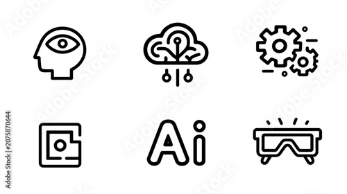 Artificial Intelligence and Technology Icons Set. Concepts of AI, Machine Learning, Cloud Computing, VR, and Data Processing.