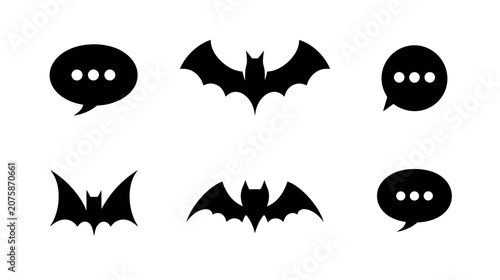 Halloween vector icon set with flying bat silhouettes and speech bubble graphic elements on a white background.
