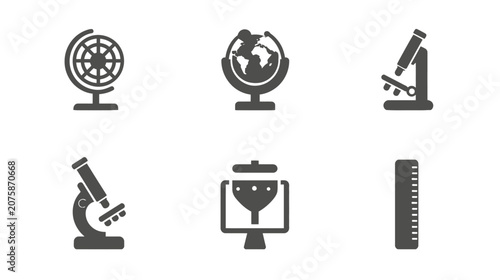 Science and Education Icons Set with Globes, Microscopes, Ruler, and Data Filtering Symbol