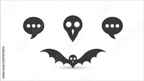 Minimalist Halloween Icons Set with Skull Face, Flying Bat, and Chat Bubbles. Vector graphic elements for design projects.