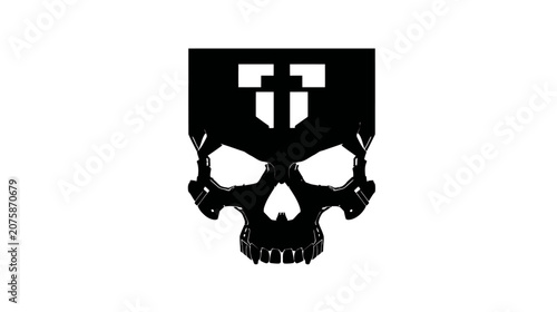 Black skull graphic design with stylized cross or letter T symbol, modern emblem, edgy logo concept on white background