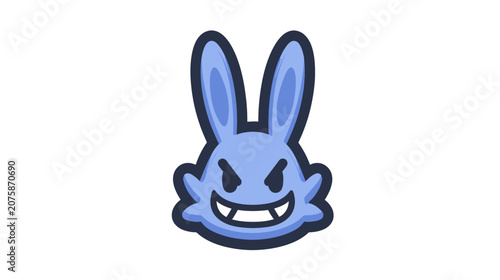 Mischievous blue cartoon rabbit head with fangs and angry expression. Cute vector illustration of a naughty bunny character.