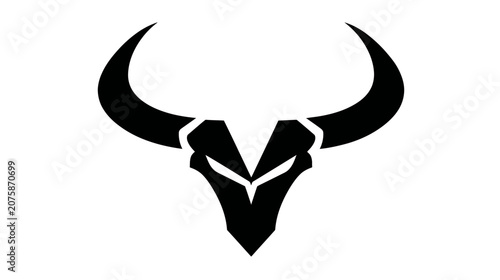 Stylized black bull head icon with sharp horns. Aggressive animal mascot symbol. Minimalist vector illustration on white background.