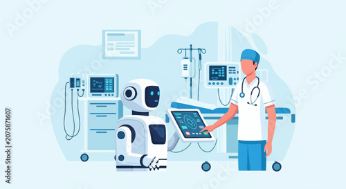 Flat vector illustration of a male healthcare worker using a touchscreen interface on an artificial intelligence medical robot in a hospital ward with monitors and equipment.