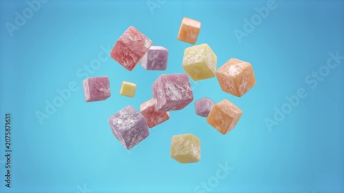 A dynamic 3D graphic animation featuring dusting-powdered cubes of traditional Turkish delight candy floating and rotating against a solid bright blue backdrop. Suitable for international confectioner