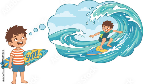 Happy cartoon boy holding surfboard dreaming of surfing on ocean wave, summer vacation vector illustration