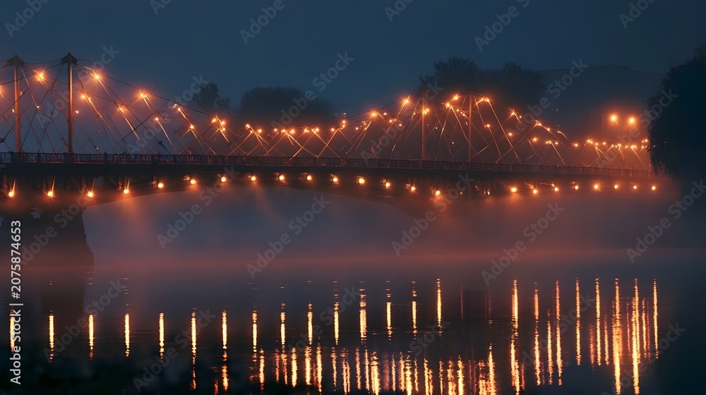 Fototapeta premium An ethereal historic bridge glows over a river surrounded by mystical fog and geometric patterns