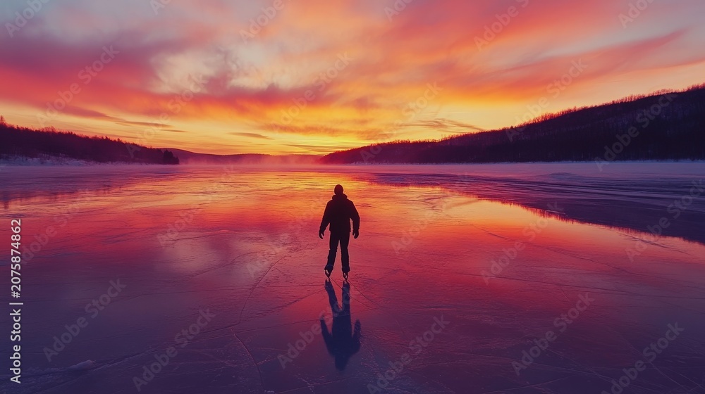 Fototapeta premium Solitary figure skates across a frozen lake reflecting a vibrant sunset.