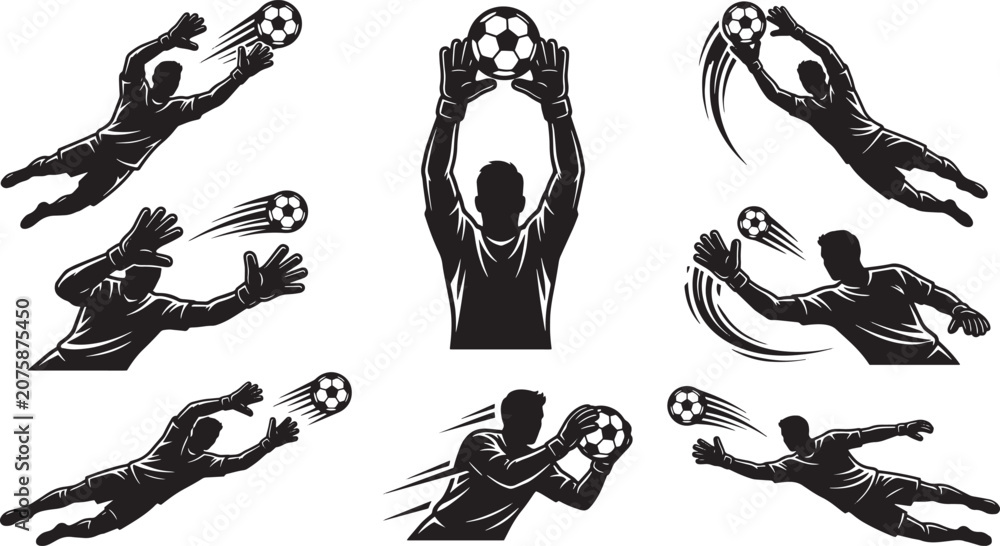 Obraz premium Goalkeeper Silhouette Dynamic Soccer Save Action Collection Vector