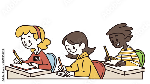 Three diverse students sitting at desks writing in notebooks cartoon characters vector illustration set.