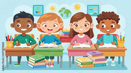 Diverse group of children learning in classroom happy students engaged in education and study.