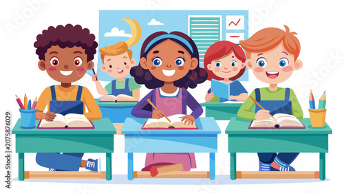 Diverse group of happy children in school classroom sitting at desks learning and studying.